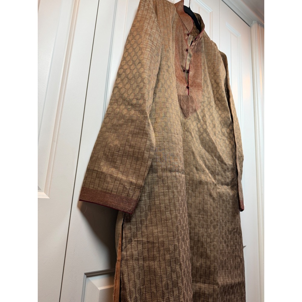 Mens Gold Bronze Jacquard Kurta Sherwani Indian Wedding Formal Tunic Size 42 - Picture 5 of 6